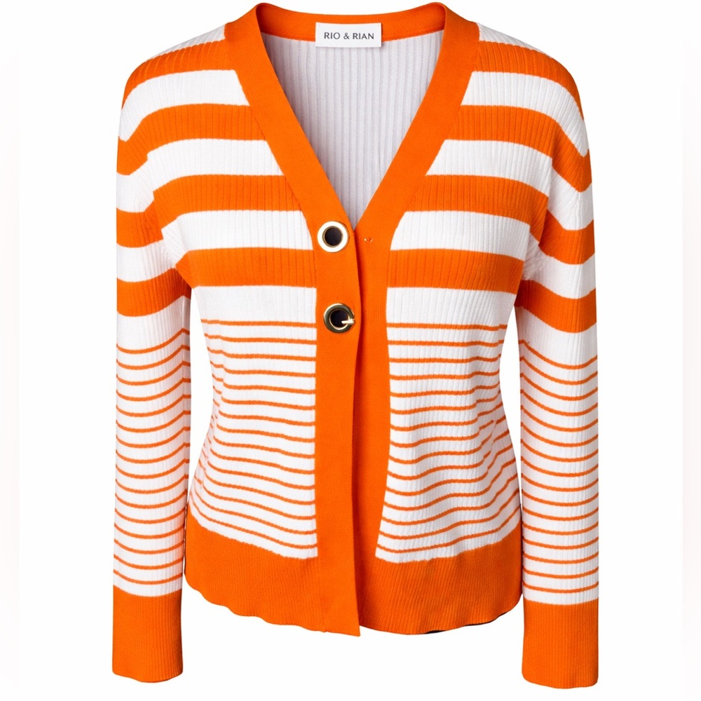 Rio & Rian Orange White Striped Cardigan Ribbed Knit‎ Statement Sweater